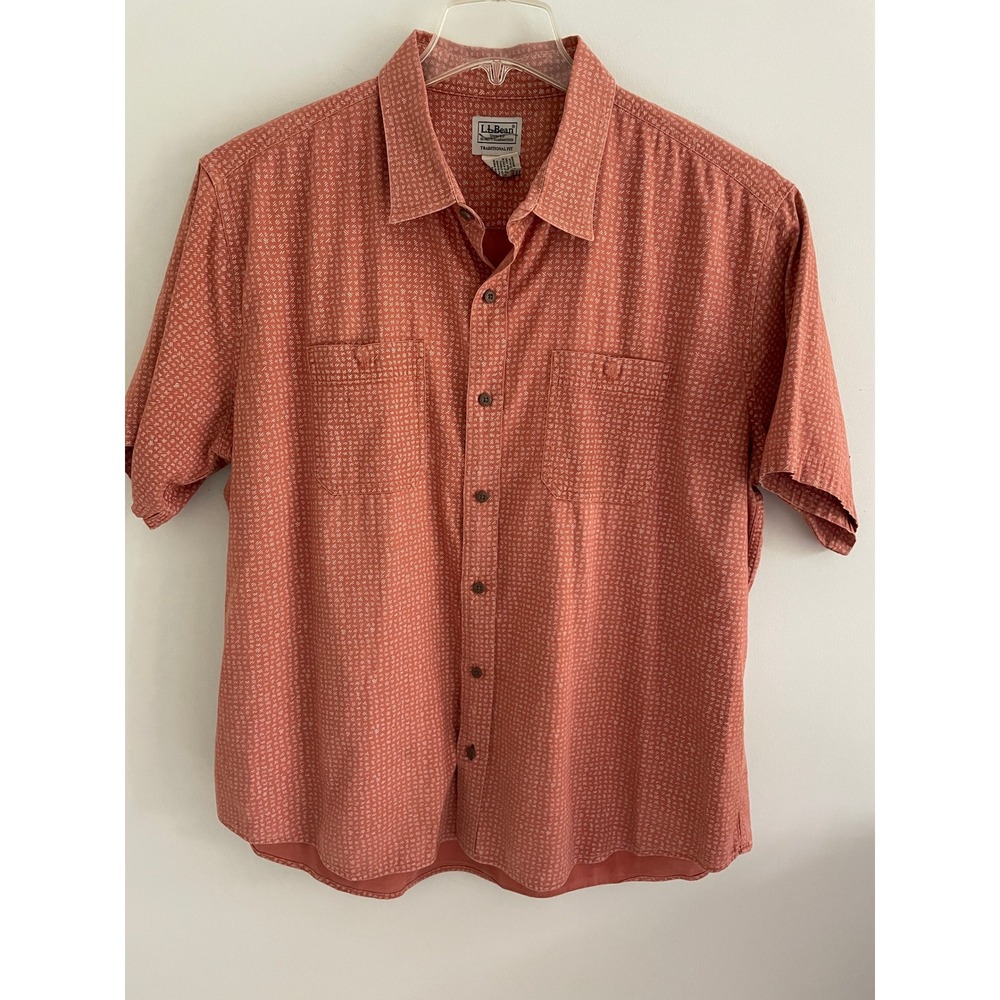 Vintage LL Bean Mens Terracotta Orange Short Sleeve Button Down Shirt L